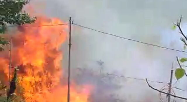 गांव में पहुची आग लोगो के फूल हाथ पांव, ग्रामीण ओर फायर सर्विस मौके पर