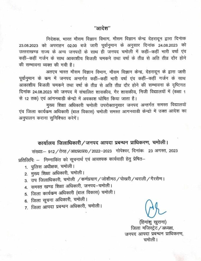 24 अगस्त 2023 को जनपद के सभी स्कूलो में रहेगा अवकाश