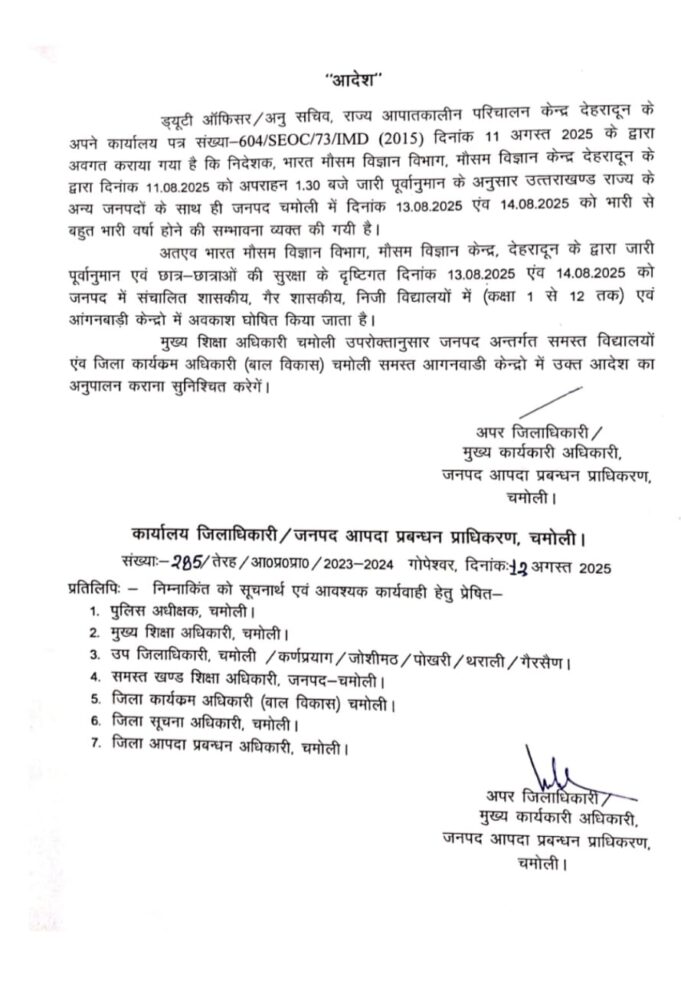 रेड अलर्ट: जिले में 14 अगस्त तक 1से 12 तक के सभी स्कूलों में छुट्टी क़ी घोषणा